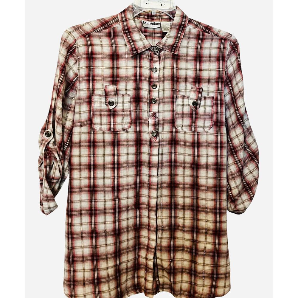 MILLENIUM LONG SLV, BUTTON-UP, POINTED COLLAR SHIRT, WOMENS, 3X, RED GREY PLAID